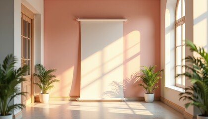 Poster - Modern interior with pink walls and natural light from large windows  