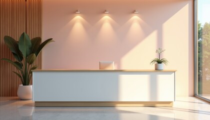 Poster - Modern reception desk with indoor plant and soft lighting in office  