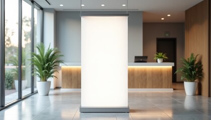 Poster - Modern reception area with large blank display panel and plants  