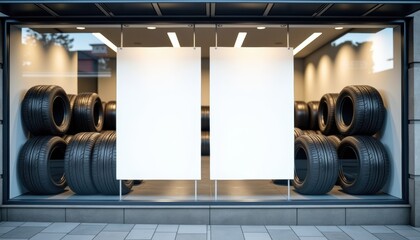 Aufkleber - Tire shop display with stacked tires and blank signage outdoors  