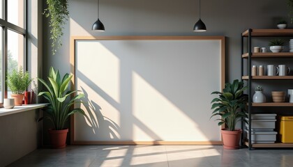 Poster - Modern interior with blank canvas and greenery in cozy living room  