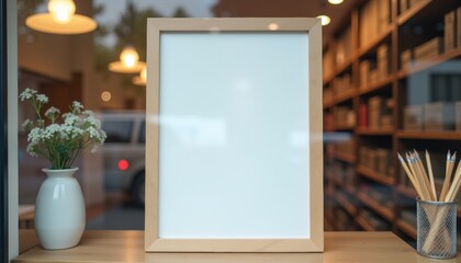 Poster - Blank wooden frame displayed on table with flowers and pencils  