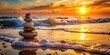 © Kukar Studio - Serene Stacked Stones at Golden Hour on a Sandy Shore, Bathed in Warm Sunset Light