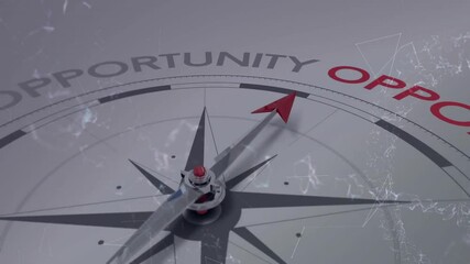 Poster - Metallic compass needle pointing toward OPPORTUNITY label, showing 3D render dial with data grid