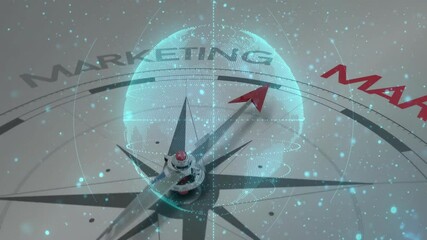 Poster - Metallic compass rose being animated in flat design, floating digital globe and red arrow pointer