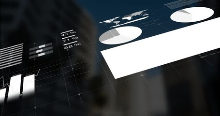 Poster - Futuristic holographic data dashboard projecting white pie charts and bar graphs over dark backdrop