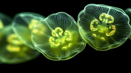 Poster - High detail close up of bioluminescent jelly organism glowing fractal interior light microscopic fantasy look