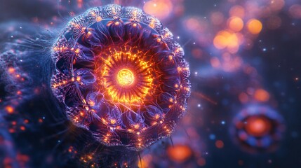 Fototapete - High detail close up of bioluminescent jelly organism glowing fractal interior light microscopic fantasy look