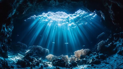 Poster - Ocean cave filled softly glowing bioluminescent corals and sea fans ambient light scene no divers or text