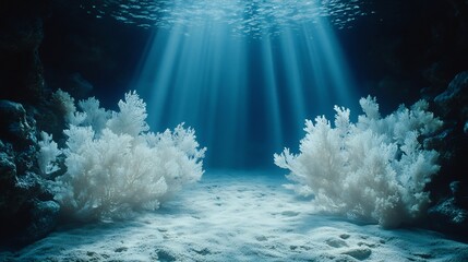 Fototapete - Ocean cave filled softly glowing bioluminescent corals and sea fans ambient light scene no divers or text