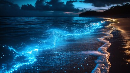 Poster - Peaceful night beach scene waves glowing from bioluminescent plankton natural ocean light magical coastline background clean and surreal