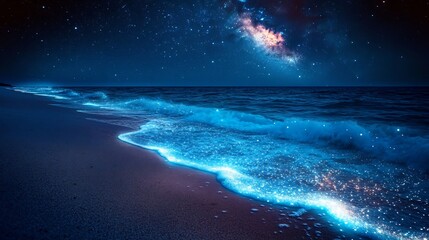 Poster - Peaceful night beach scene waves glowing from bioluminescent plankton natural ocean light magical coastline background clean and surreal