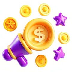 Poster - A colorful 3D illustration featuring a money symbol surrounded by coins and stars in vibrant yellow and purple hues.