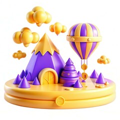 Poster - A colorful 3D scene featuring a purple mountain, balloons, and whimsical clouds in a playful design.