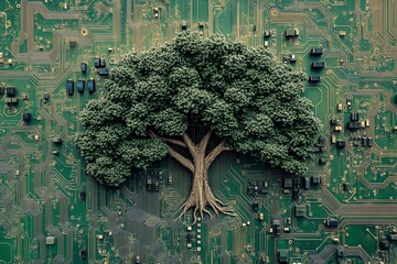 Poster - Tree with branches shaped like ascending graphs grows from circuit board