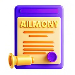 Poster - A colorful 3D representation of a legal document titled 'AILMONY' with an orange and purple theme, featuring a gavel and lines indicating text.