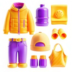 Poster - A collection of colorful clothing and accessories, including a jacket, pants, hat, and bags in bright yellow and purple hues.