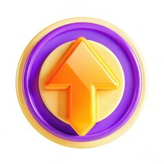 Fototapete - A glossy upward arrow button in orange and yellow, set against a purple circular background, featuring a smooth modern design.