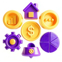 Poster - A colorful arrangement of 3D icons representing finance, analysis, and home, featuring vibrant purple and yellow tones.