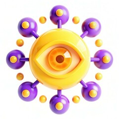 Poster - A colorful 3D design featuring a central eye surrounded by spherical elements in purple and yellow.