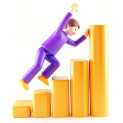 Fototapete - A cartoon character climbing bar graphs, representing growth or success in a vibrant, modern style.