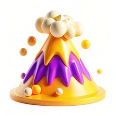 Poster - A colorful abstract representation of a volcano, featuring vibrant yellow and purple peaks with round white spheres around it.