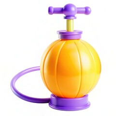 Poster - A colorful toy pump shaped like a basketball in orange and yellow with a purple handle and hose.