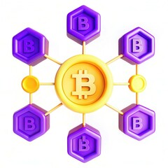 Poster - A vibrant illustration of a Bitcoin network with hexagonal icons connected to a central coin symbolizing cryptocurrency.