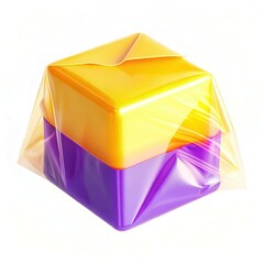 Poster - A colorful, modern design featuring a yellow and purple cube wrapped in transparent plastic.