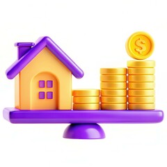 Fototapete - A colorful 3D representation of a house and coins, symbolizing savings and financial growth.