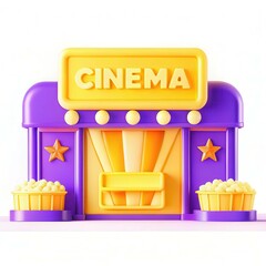 Poster - A colorful cinema building model with a bright sign and popcorn buckets.