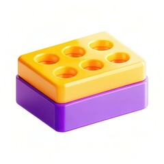 Poster - A colorful plastic building block in yellow and purple with circular holes on top.