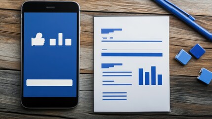 Poster - Clipboard with printed social media performance metrics and content calendar next to a smartphone