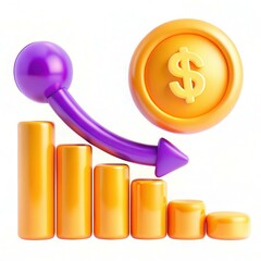 Fototapete - 3D illustration of a graph showing financial growth with colorful bars and a dollar sign coin.