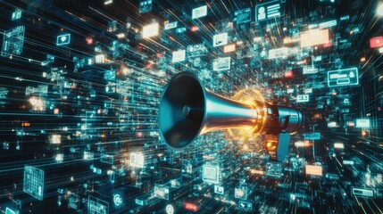 Poster - Conceptual image of megaphone surrounded by social media icons and digital marketing keywords