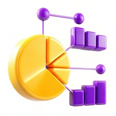 Fototapete - A modern 3D chart featuring a pie chart in yellow and stylized bars in purple, showcasing data visualization.