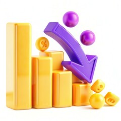 Fototapete - A colorful 3D bar graph showing a downward trend with vibrant purple and yellow elements, symbolizing decline.