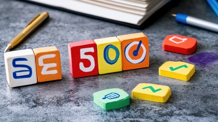 Poster - Desk scene with printed SEO keyword map, analytics graphs, and ranking forecast sheets