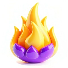 Poster - Abstract flame sculpture with vibrant yellow and orange colors, resting on a purple base, showcasing a modern design aesthetic.