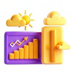 Fototapete - A bright, colorful illustration featuring a bar graph, clouds, and a sun, representing growth and optimism in a modern design.