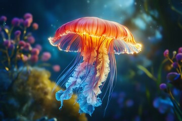 Poster - Underwater alien world glowing bioluminescent jellyfish floating gracefully through the dark water ethereal underwater scene