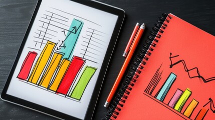 Poster - Flat lay of SEO checklist, marketing strategy notebook, and tablet displaying ranking insights