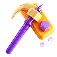 Fototapete - A colorful 3D rendering of a purple hammer with a yellow head and geometric shapes on an orange base.