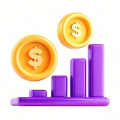 Fototapete - A colorful 3D chart with orange and purple dollar coins, representing financial growth and modern design.