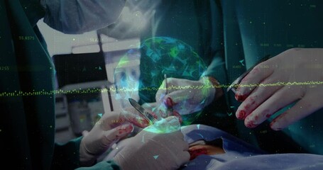 Poster - Medical team holding scalpel and forceps in surgery with floating polygonal globe and numeric data