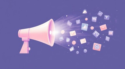 Poster - Illustration of a loudspeaker with brand icons radiating outward symbolizing brand promotion