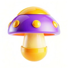 Poster - A colorful, whimsical mushroom with a purple cap and yellow accents, set against a bright white background.