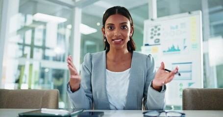 Poster - Business woman, face or wave with video call for corporate finance, advice or virtual assistance at office. Portrait, female person or financial analyst in POV for talk or online webinar at workplace