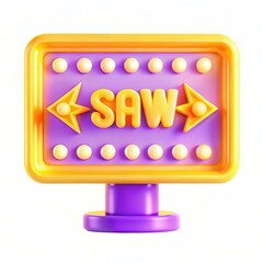 Poster - A colorful marquee sign featuring the word 'SAW' in vibrant yellow on a purple background with decorative elements.