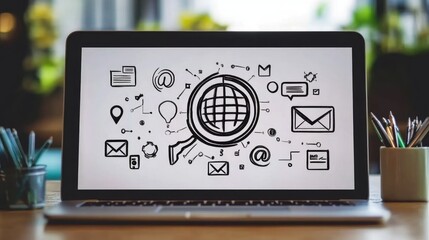 Poster - Laptop screen showing detailed digital marketing strategy with SEO, email, and social media icons on a wooden desk